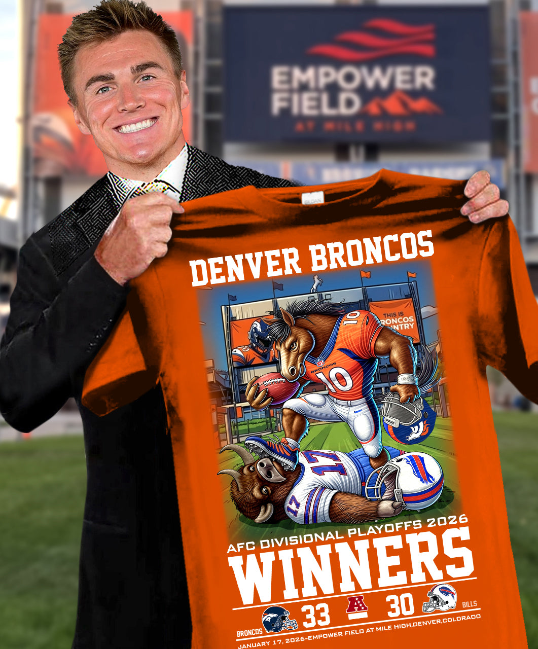AFC 2026 Winner Mascot Denver Broncos 33 Buffalo Bills 30 Shirt