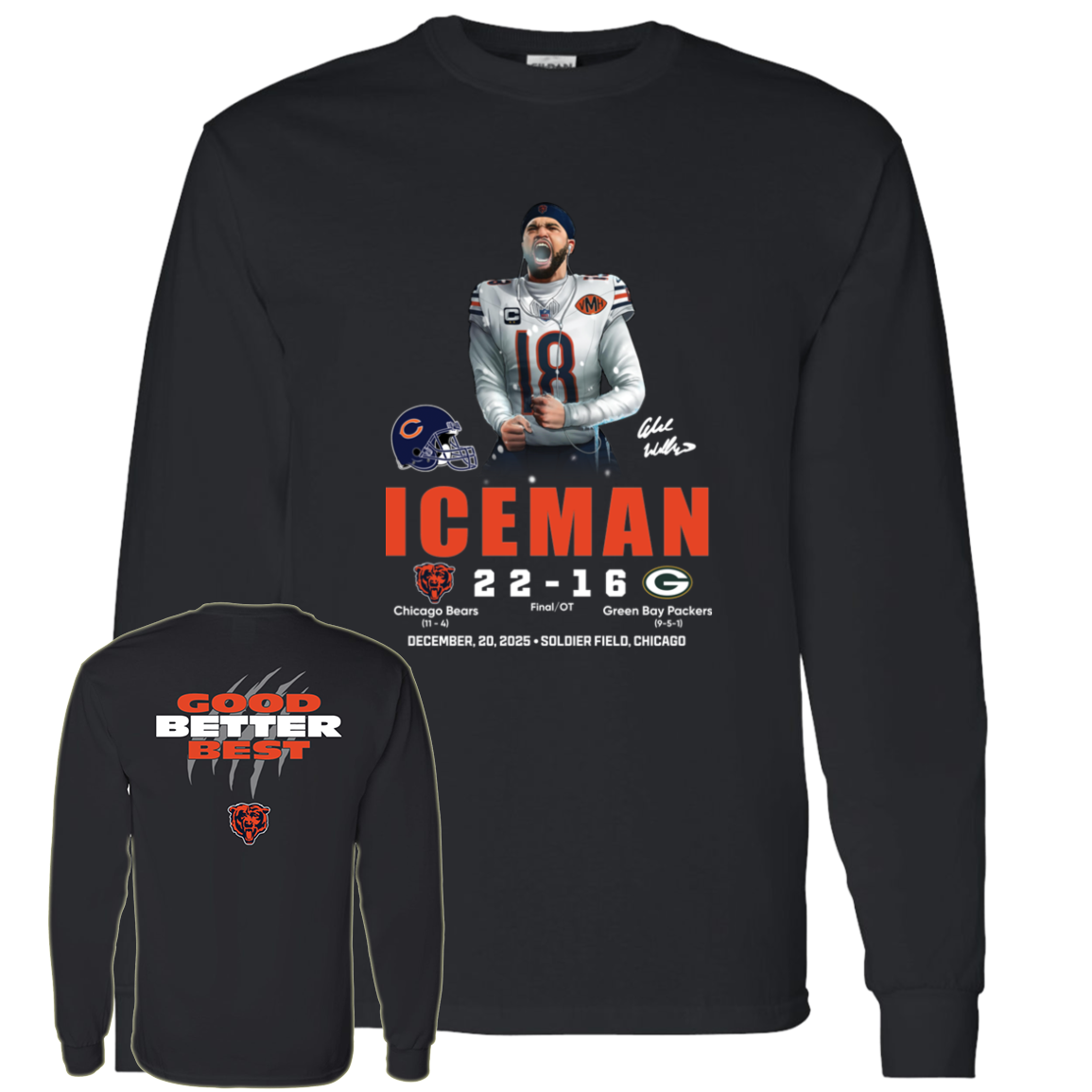 [Front + Back] Caleb Williams Iceman Bears 22 Green Bay Packers 16 Shirt