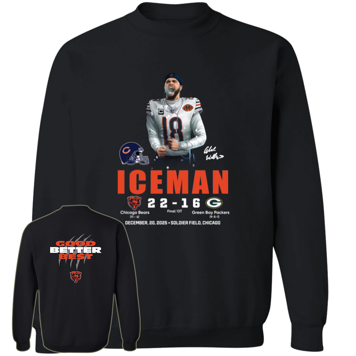 [Front + Back] Caleb Williams Iceman Bears 22 Green Bay Packers 16 Shirt