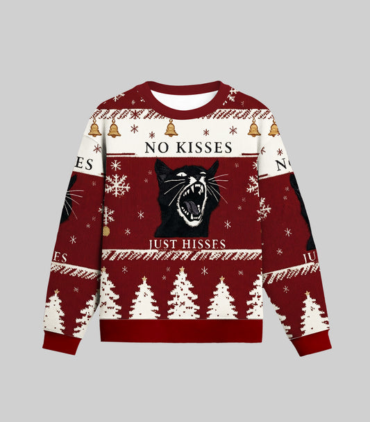 Black Cat Angry No Kisses Just Hisses Ugly Christmas Sweater