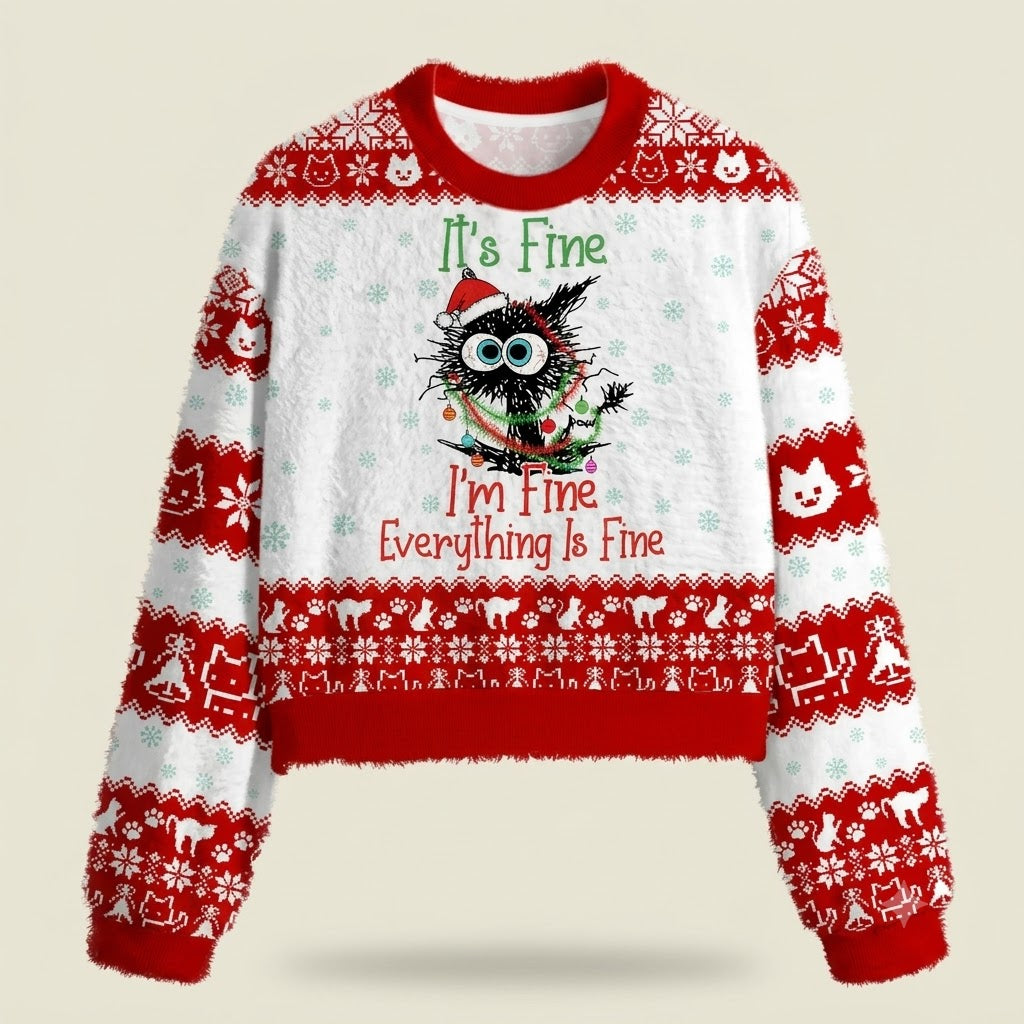 Black Cat It's Fine I'm Fine Everything Is Fine Women's Christmas Cropped Sweater