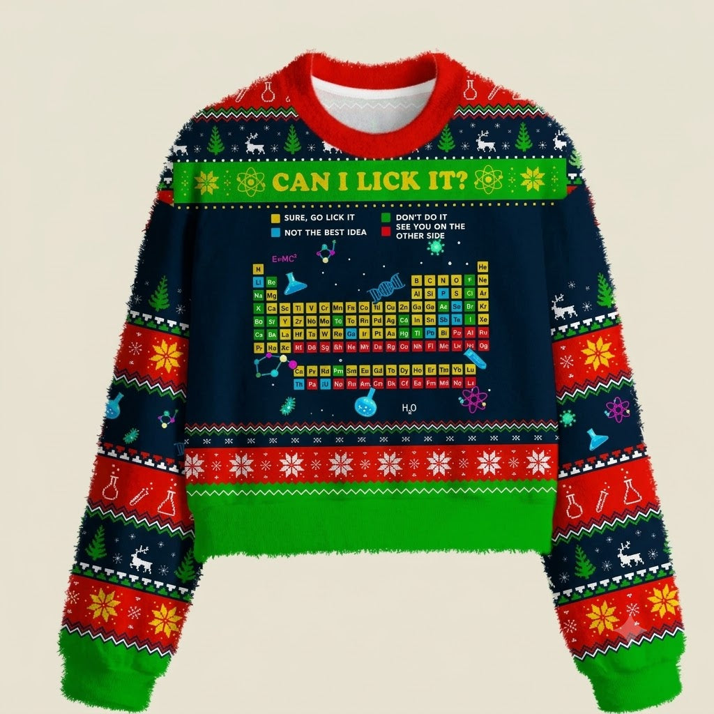 Can I Lick It Periodic Table Women's Christmas Cropped Ugly Sweater