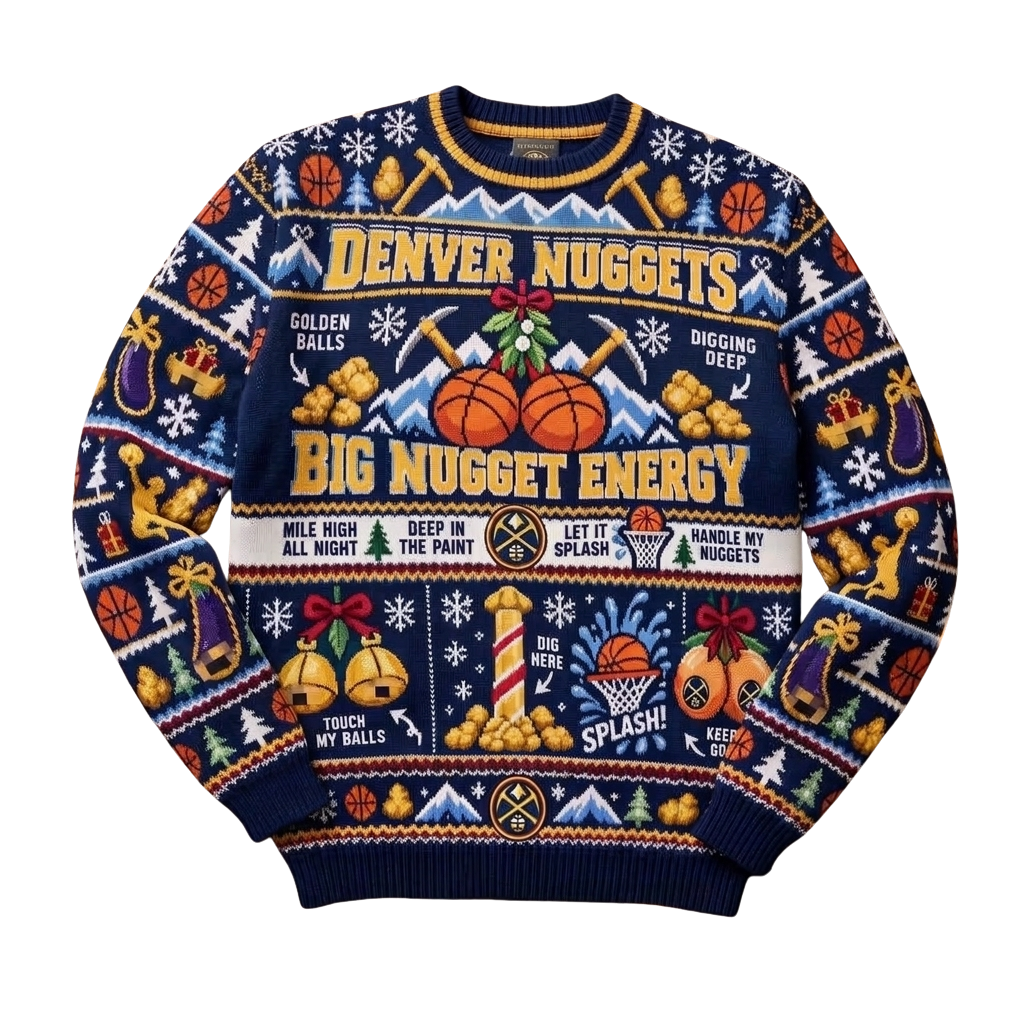 Denver Nuggets Big Nugget Energy Golden Balls Digging Deep Christmas Sweater