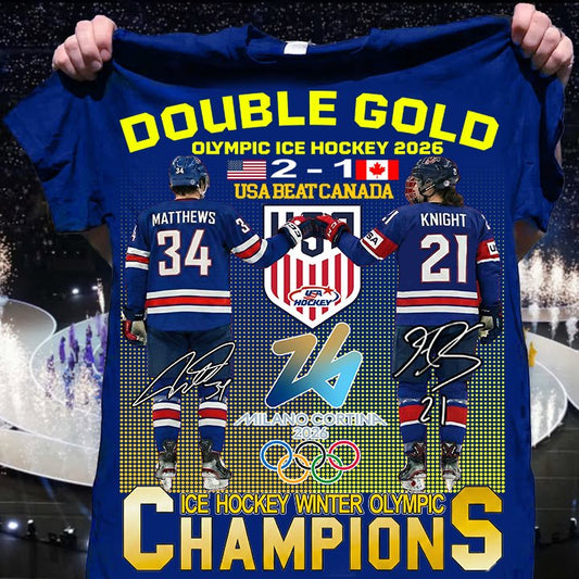 Double Gold Olympic Ice Hockey 2026 Usa Beat Canada 2 1 Matthews Knight Shirt
