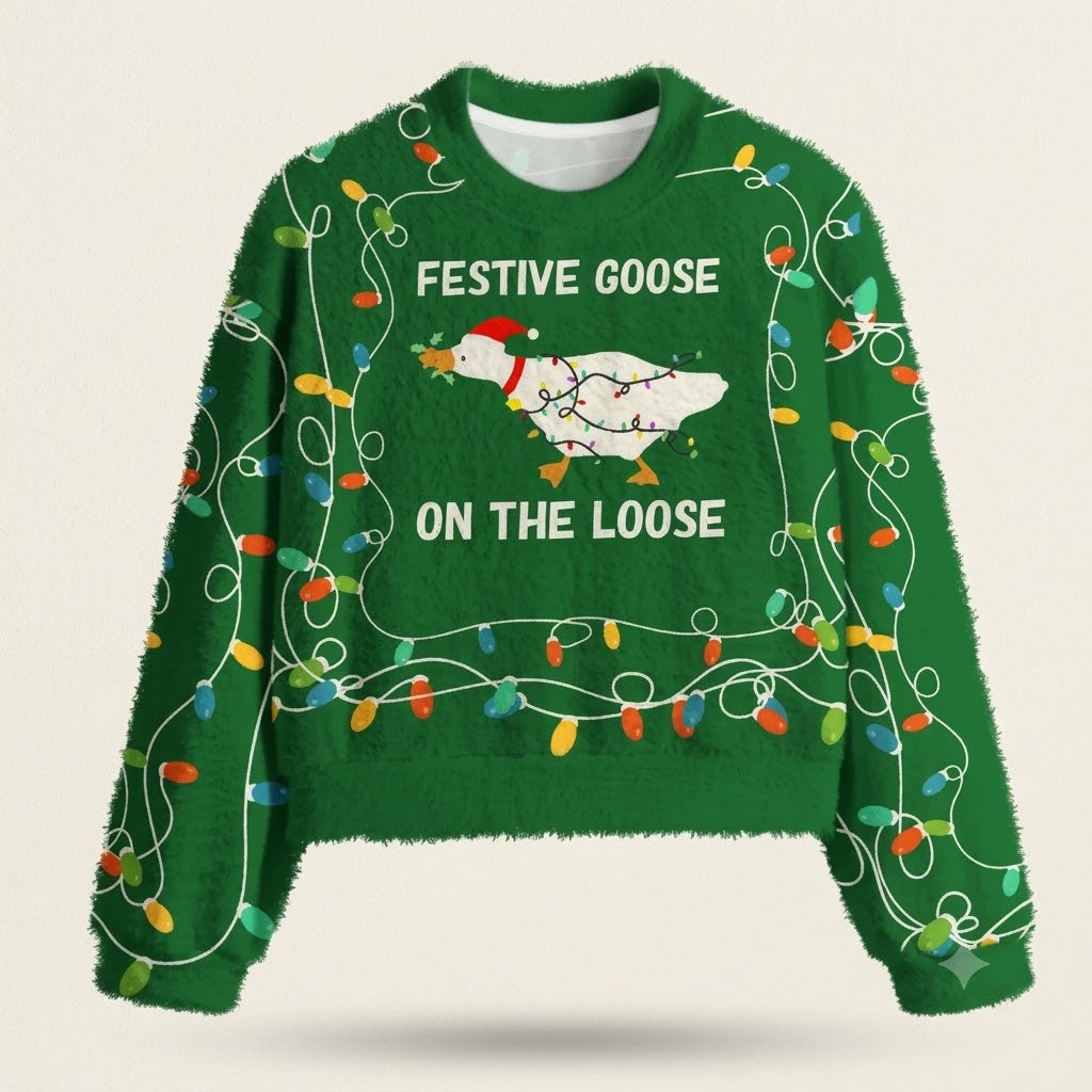 Festive Goose On The Loose Women's Christmas Cropped Ugly Sweater