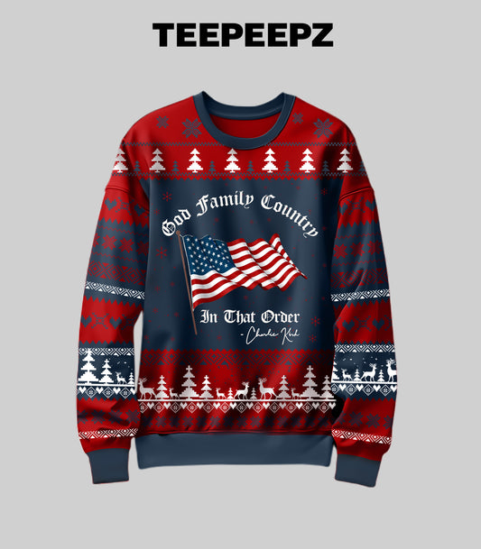 God Family Country In That Order Charlie Kirk Ugly Christmas Sweater