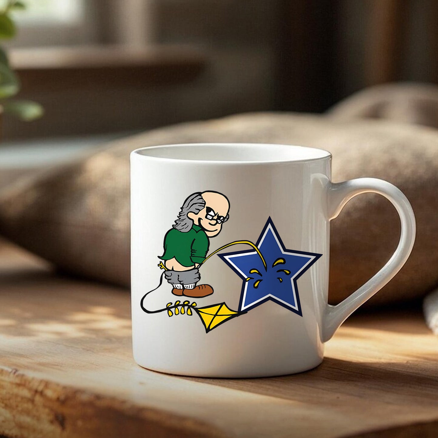 Ben Franklin Whizzing On The Blue Star Mug