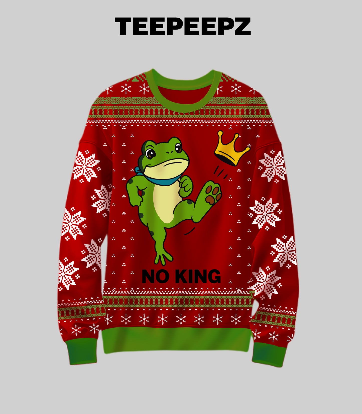 [Front + Back] Portland Frog No Kings Protest Ugly Christmas Sweater