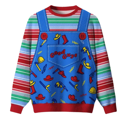 Retro 80s Horror Movie Good Guys Overalls Pattern Ugly Christmas Sweater