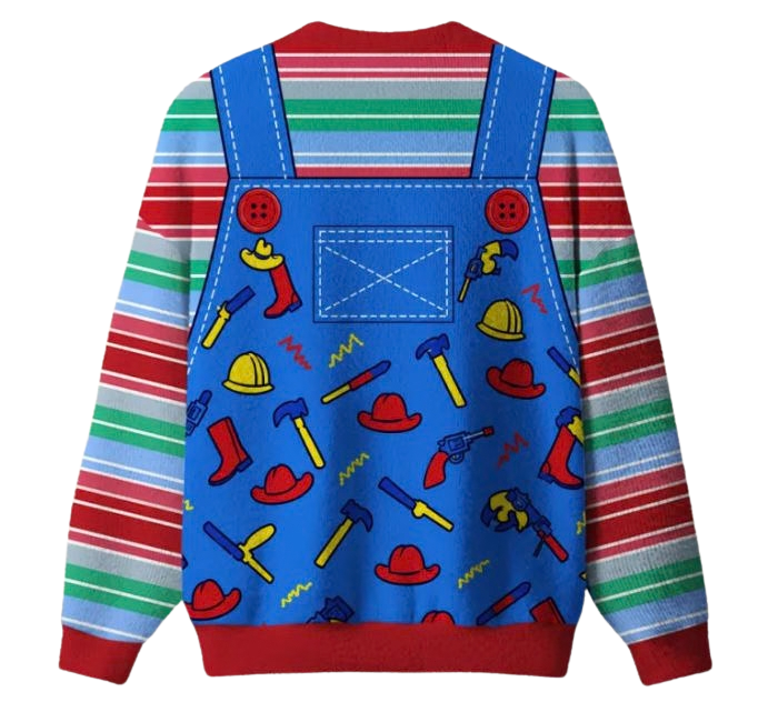 Retro 80s Horror Movie Good Guys Overalls Pattern Ugly Christmas Sweater