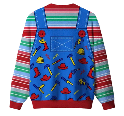 Retro 80s Horror Movie Good Guys Overalls Pattern Ugly Christmas Sweater