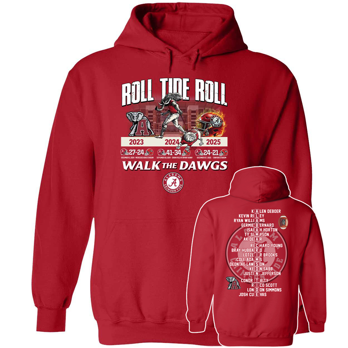 [Front + Back] Roll Tide Roll Walk The Dawgs Alabama Crimson Shirt