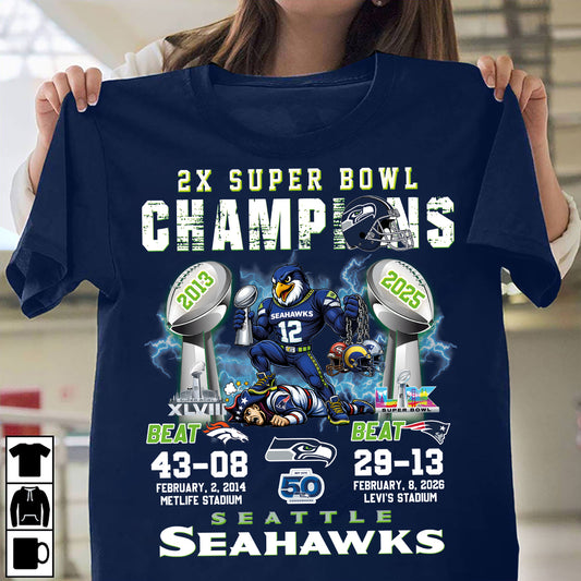 Seattle Seahawks 2x Super Bowl Champions 2013 2025 Shirt